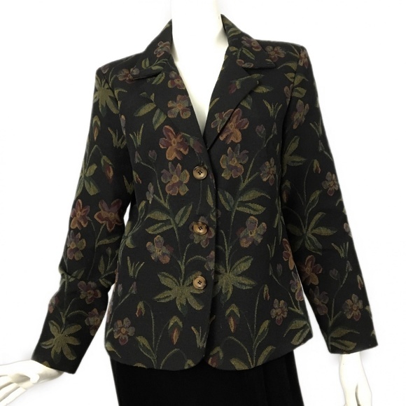 Vintage Tapestry Blazer Floral Brocade Petite M Usa Black Green Woman’s Dark